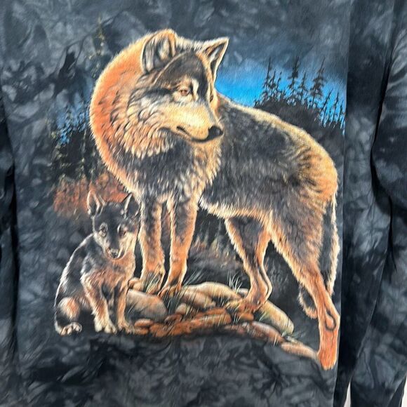 Vintage 90’s Back To Earth Mens Black Hand Tie Dye Wolves Graphic T-Shirt Large - Picture 2 of 7